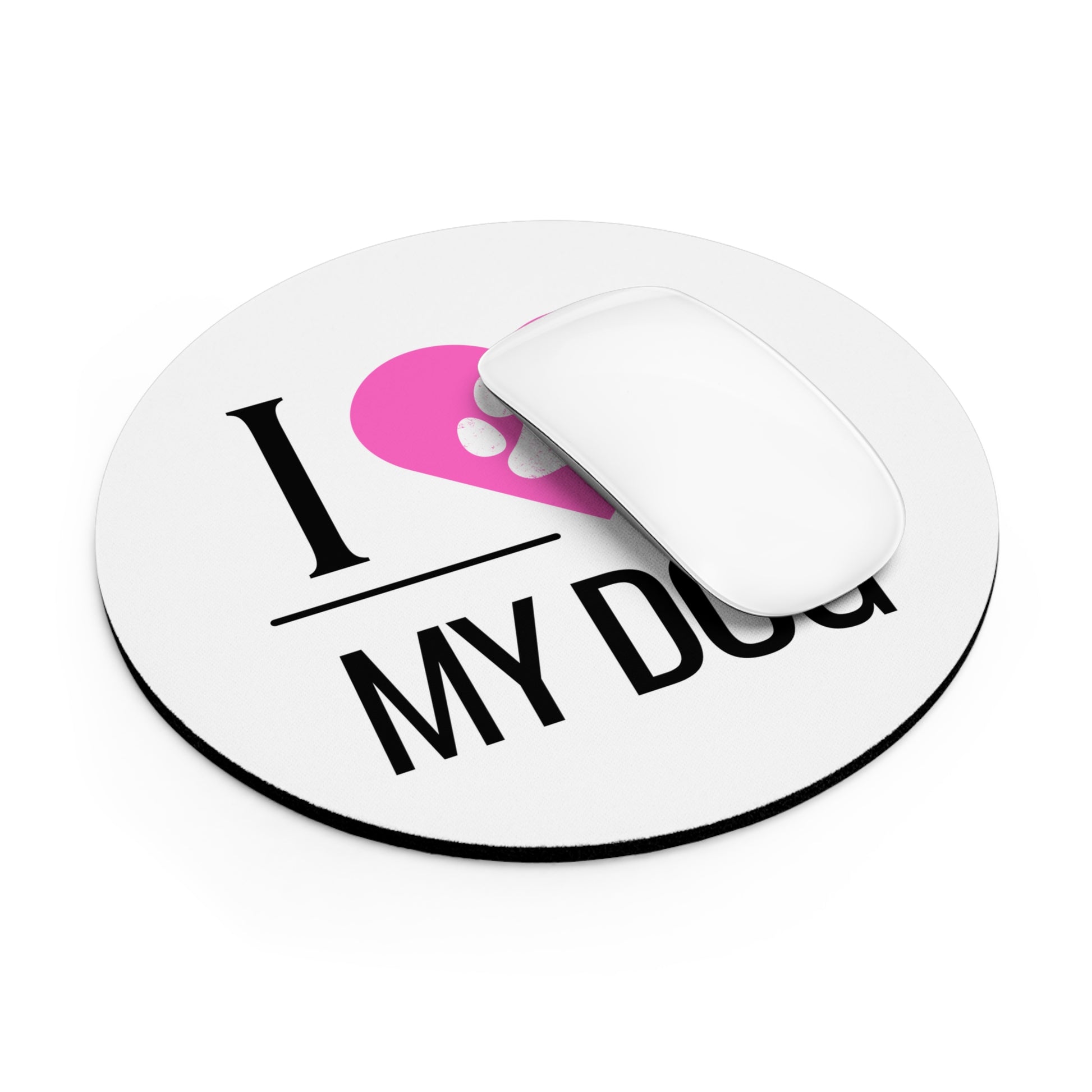 I Love My Dog Round Mouse Pad, Pink Heart